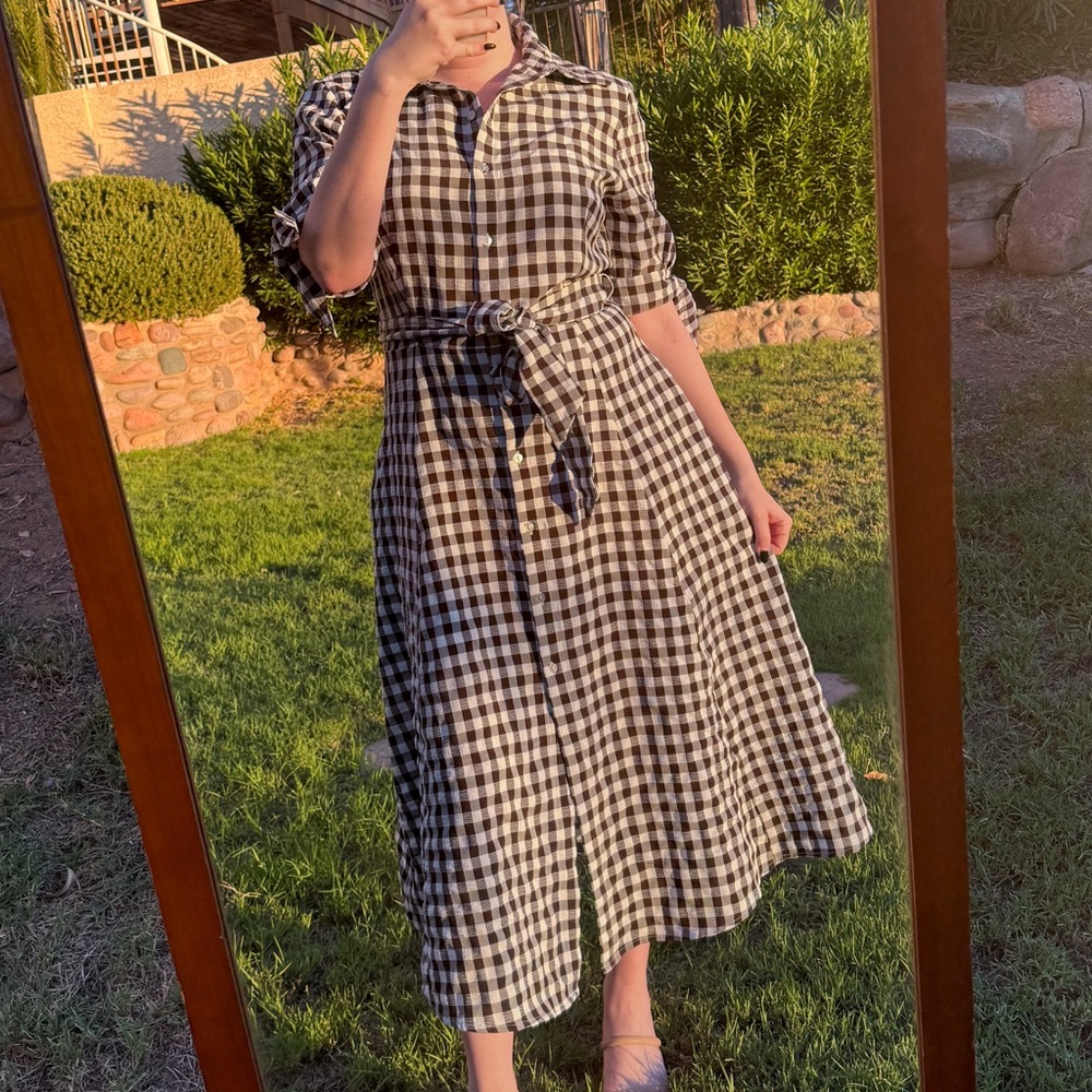 Vintage brown and White Gingham Midi Dress